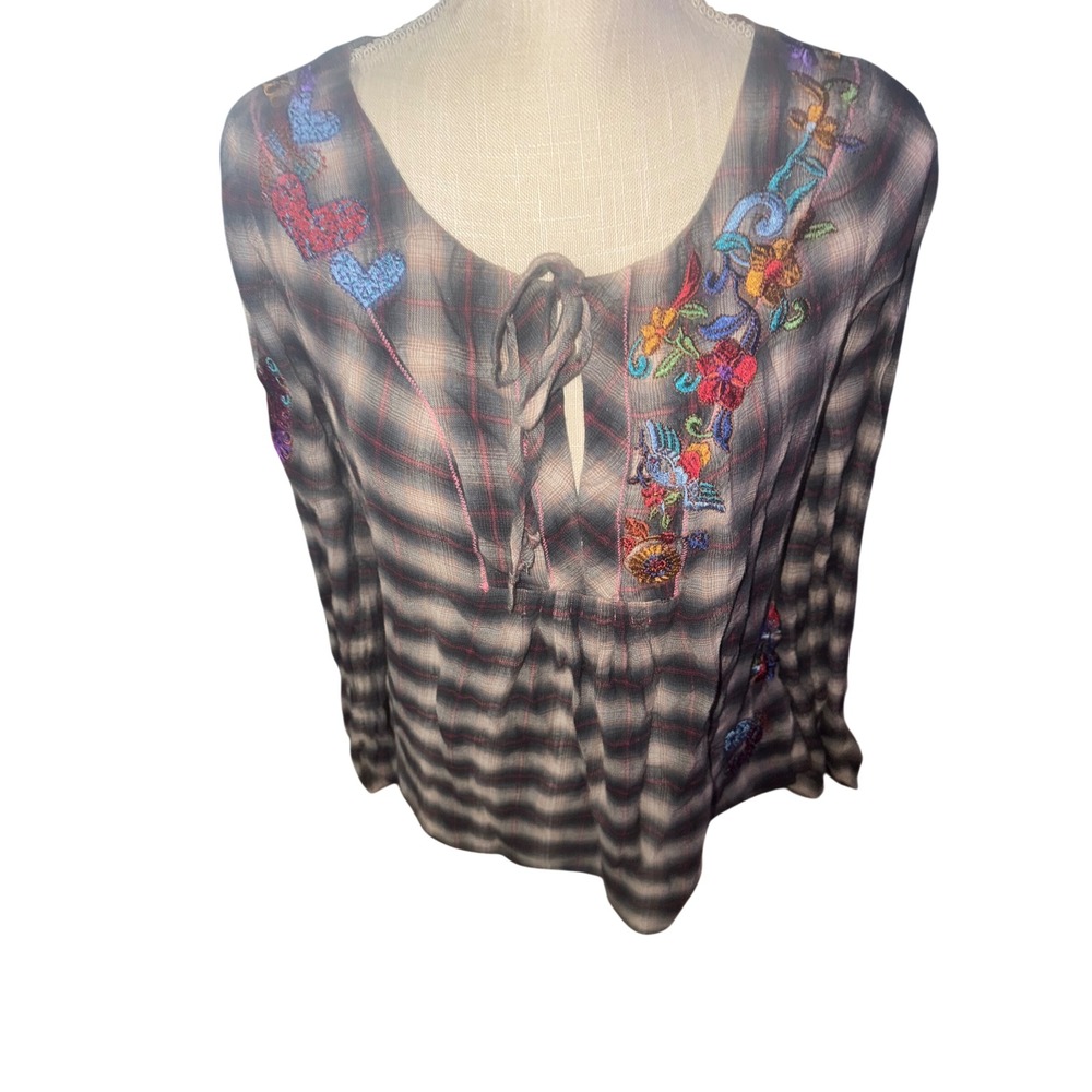 Johnny Was 3J Workshop Embroidered Plaid Flannel Top Floral Butterfly Small